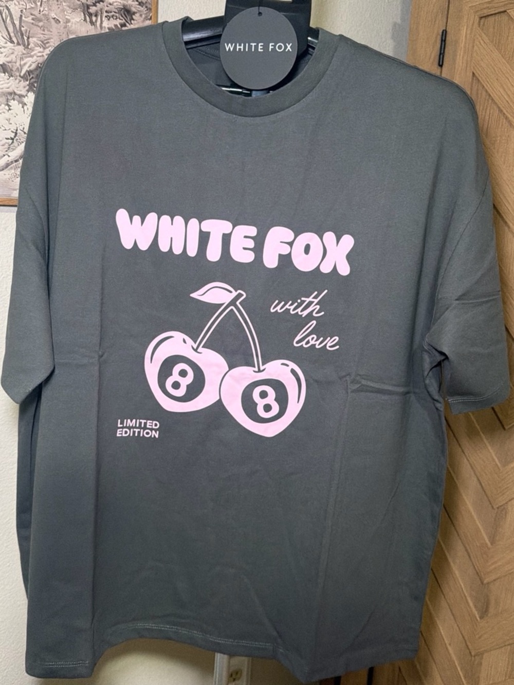 White Fox Boutique Charcoal Tee with Pink Cherry Graphic